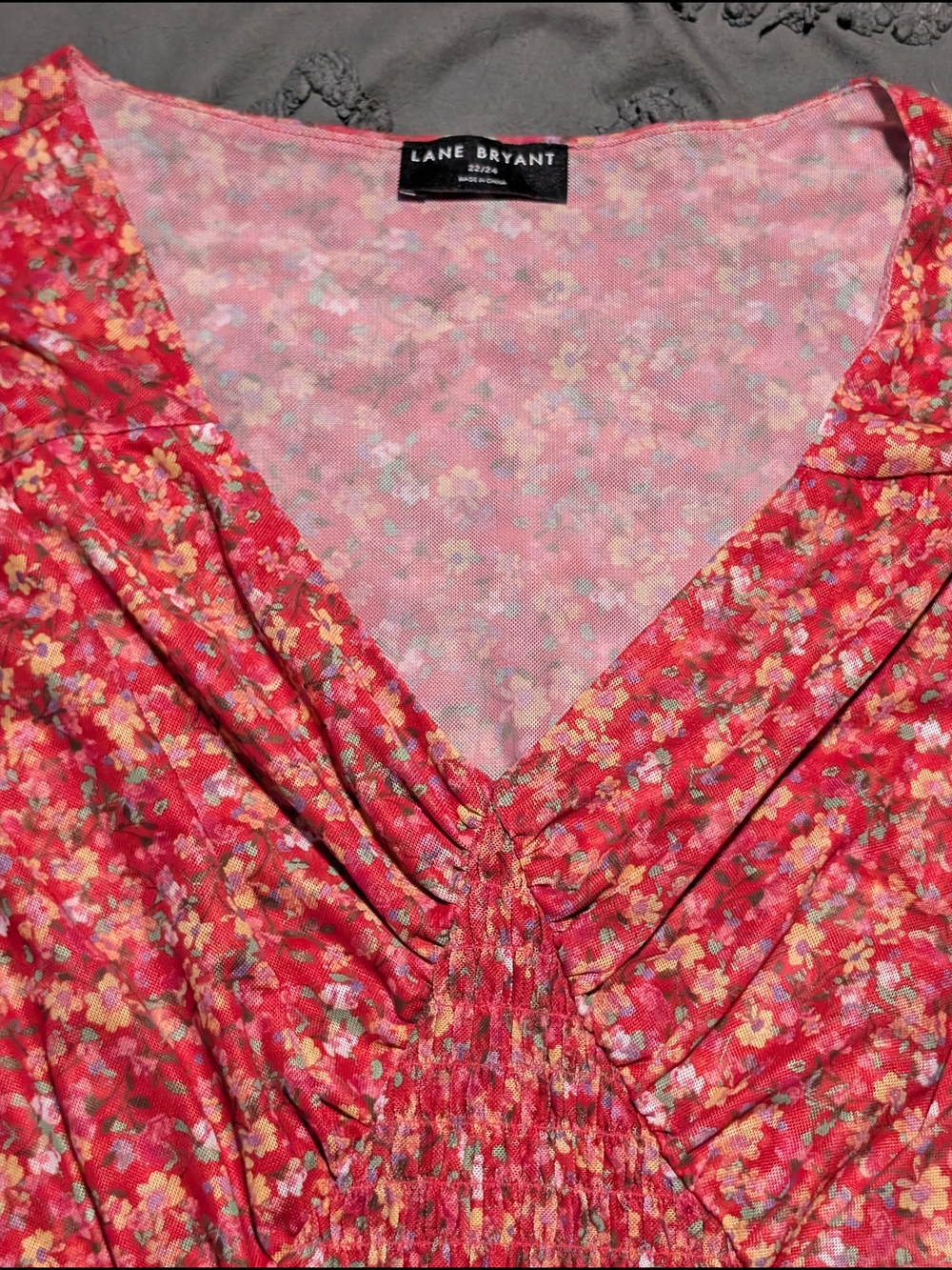 Lane Bryant Red Floral V-Neck Blouse with Gathered Detail